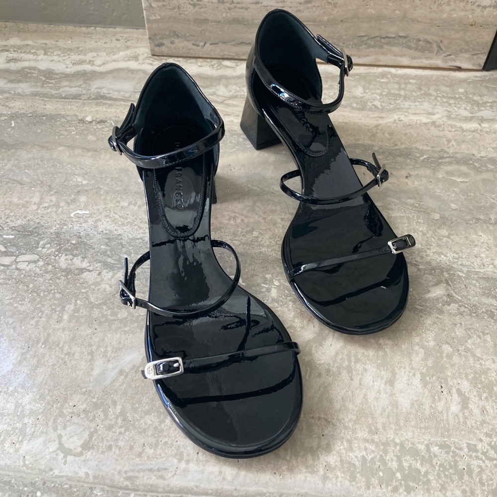 Dear Frances Black Patent Strappy Block Heel Sandals